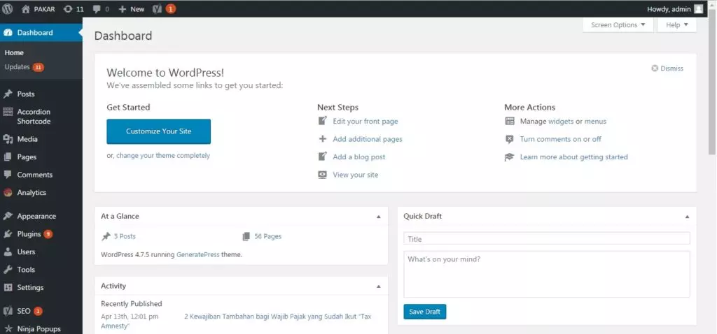Interface of WordPress Dashboard